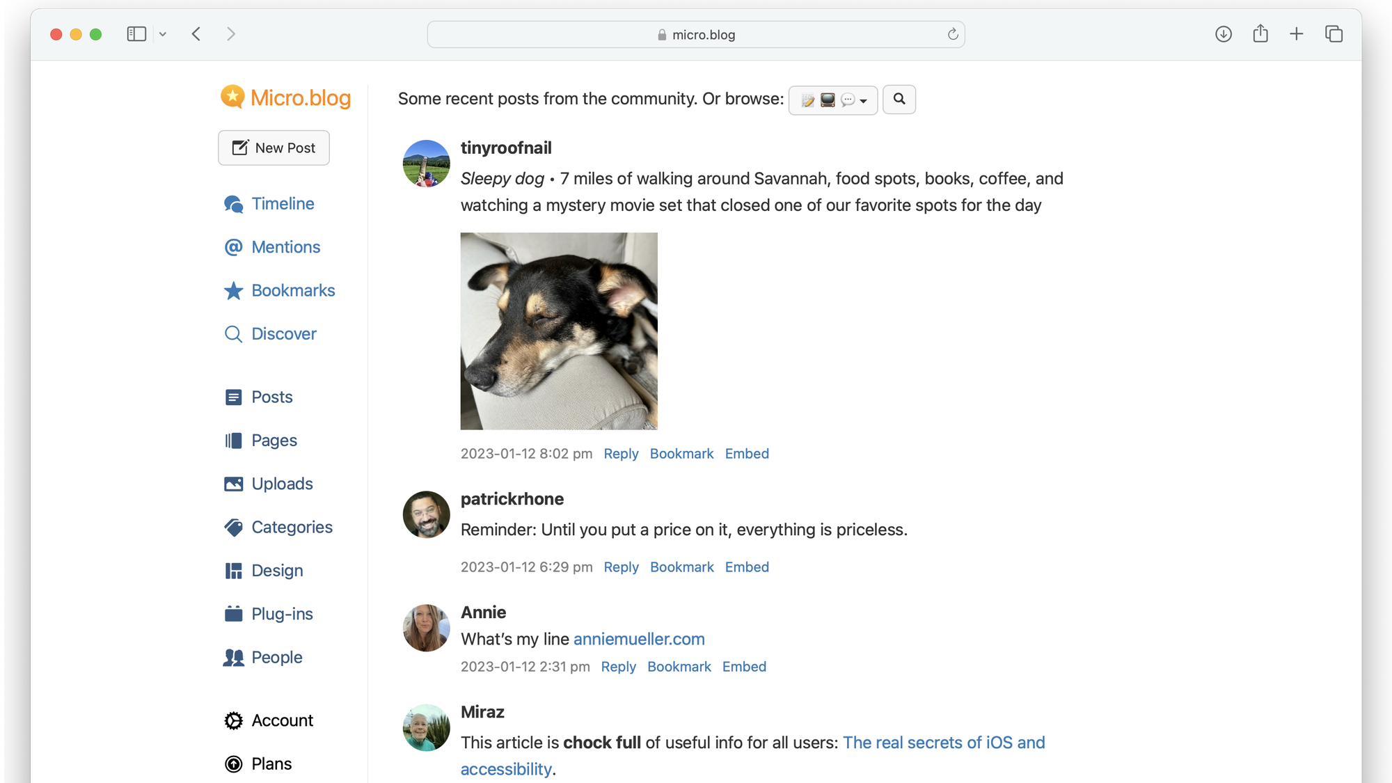 Screenshot showing Micro.blog's discover timeline with several posts from the community.